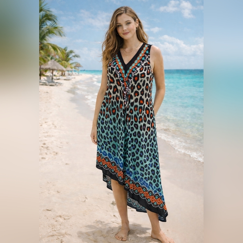 Seven Islands Colorful Animal Print Asymmetric Beach Cover Up Dress Sz L Vacay